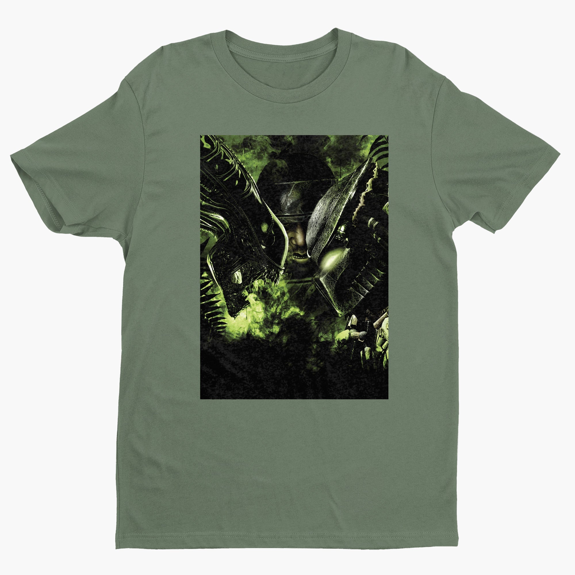 Aliens vs. Predator promotional art tee — green unisex t-shirt, front view